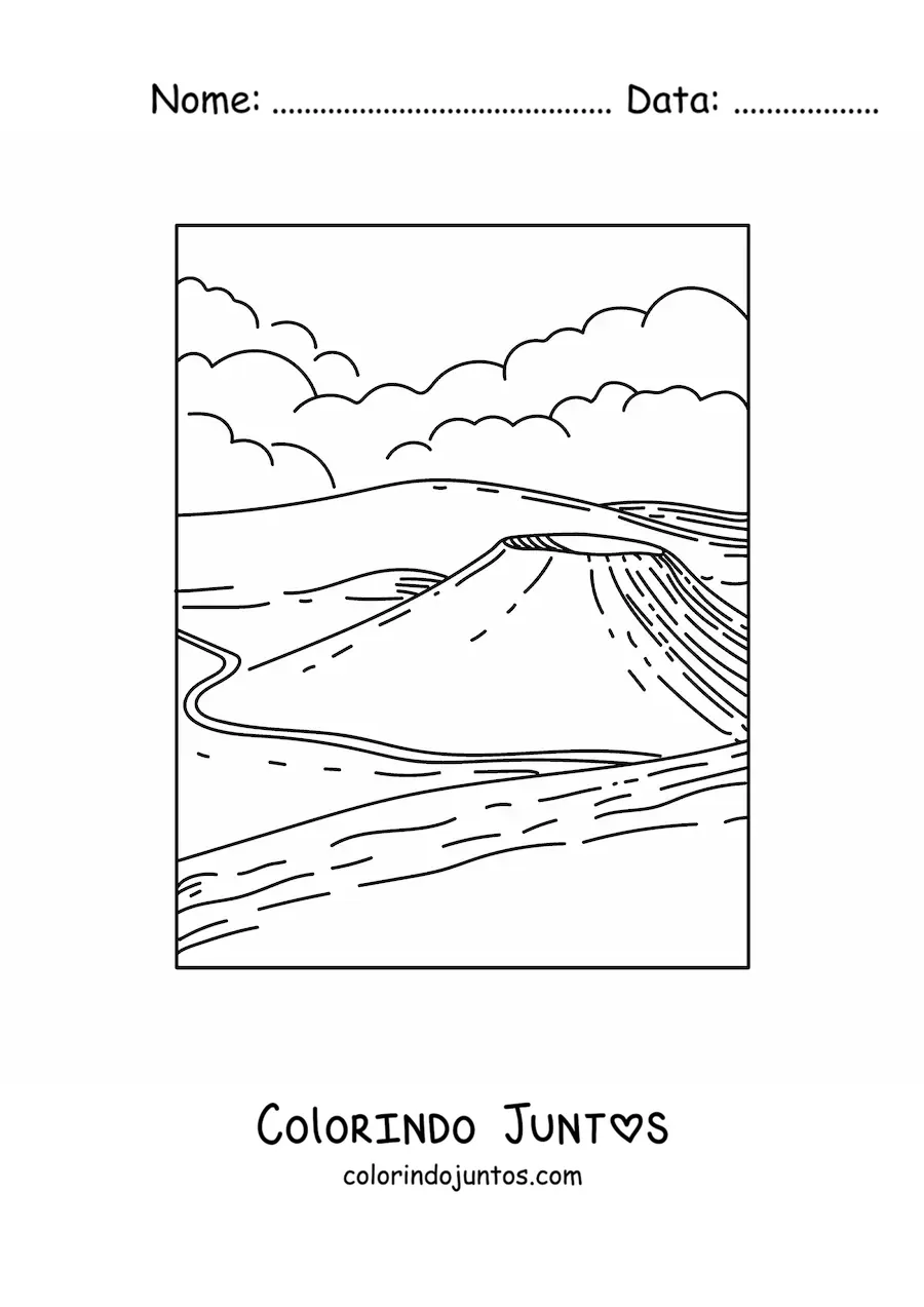 Desenho para colorir de uma paisagem com vulcão