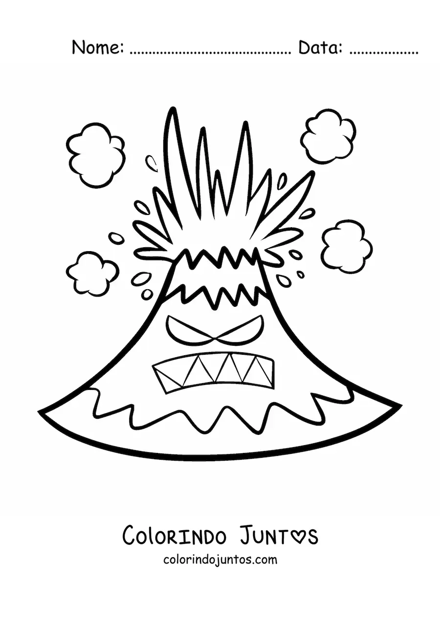 Desenho para colorir de um vulcão animado furioso em erupção