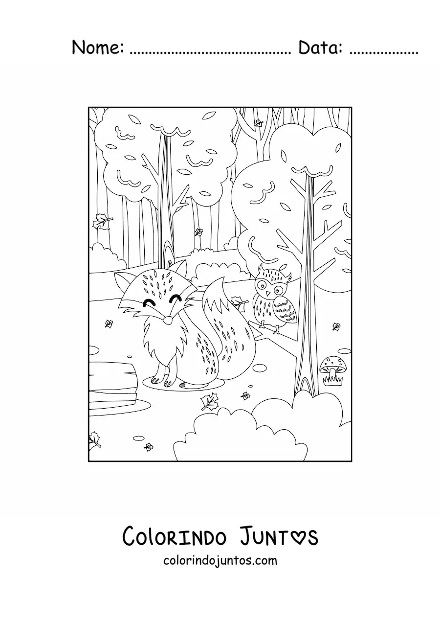 Desenho para colorir de uma raposa ao lado de uma coruja kawaii na floresta
