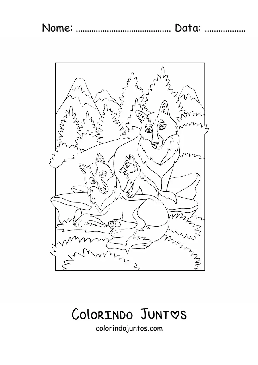 Desenho para colorir de três lobos ao lado de uma floresta