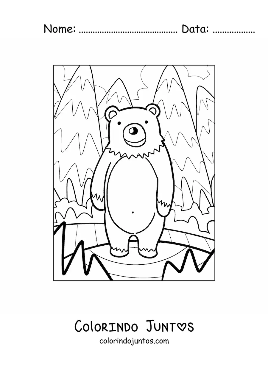Desenho para colorir de um urso kawaii em uma floresta