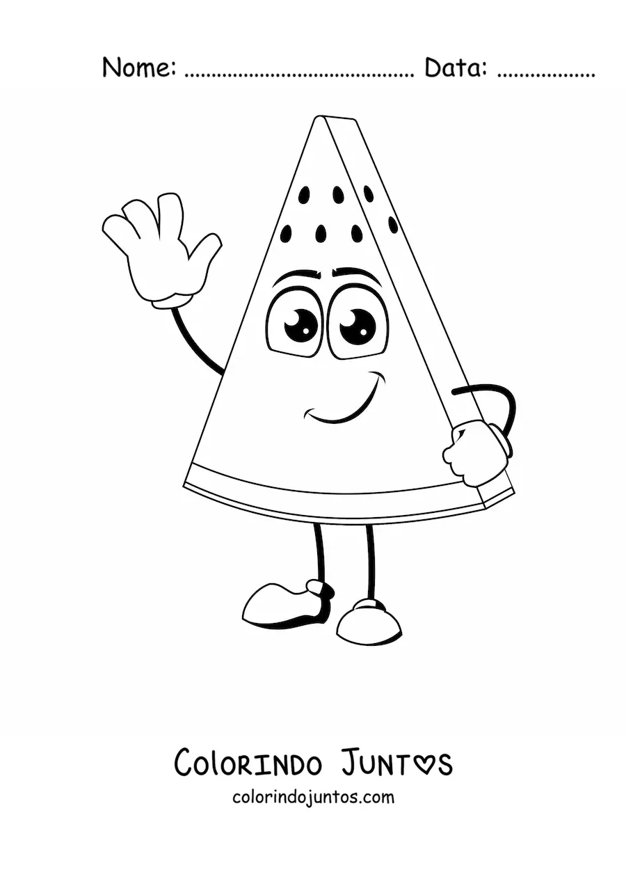 Desenho para colorir de uma melancia animada acenando com uma mao