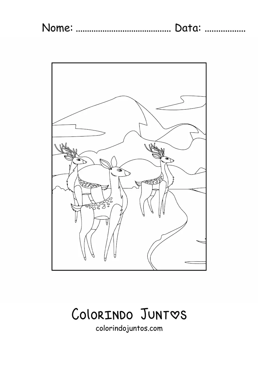 Desenho para colorir de uma manada de veados ao lado de uma floresta