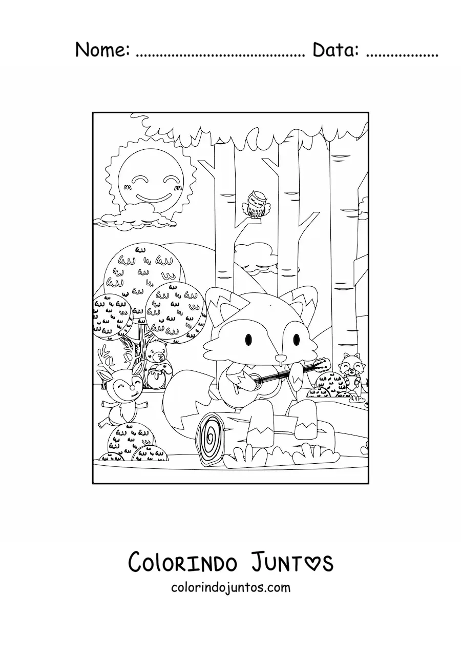 Desenho para colorir de uma raposa kawaii na floresta