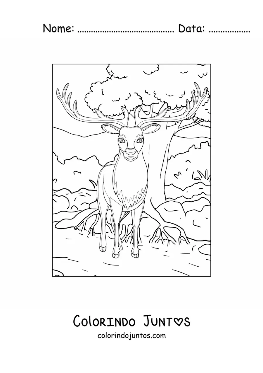 Desenho para colorir de um veado na floresta
