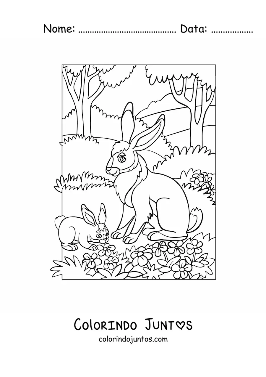 Desenho para colorir de dois coelhos na floresta