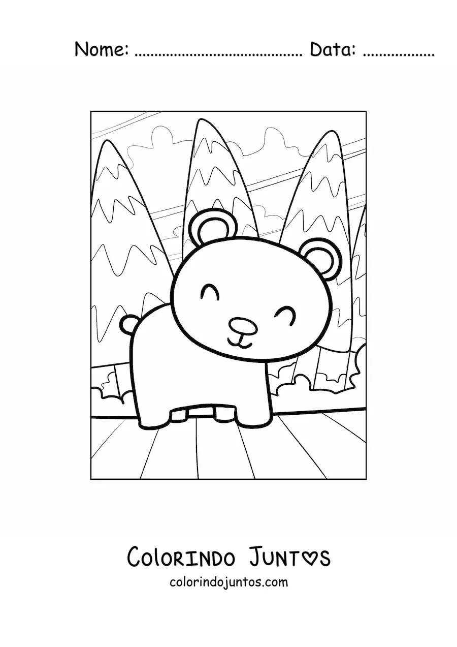Desenho para colorir de um ursinho kawaii na floresta