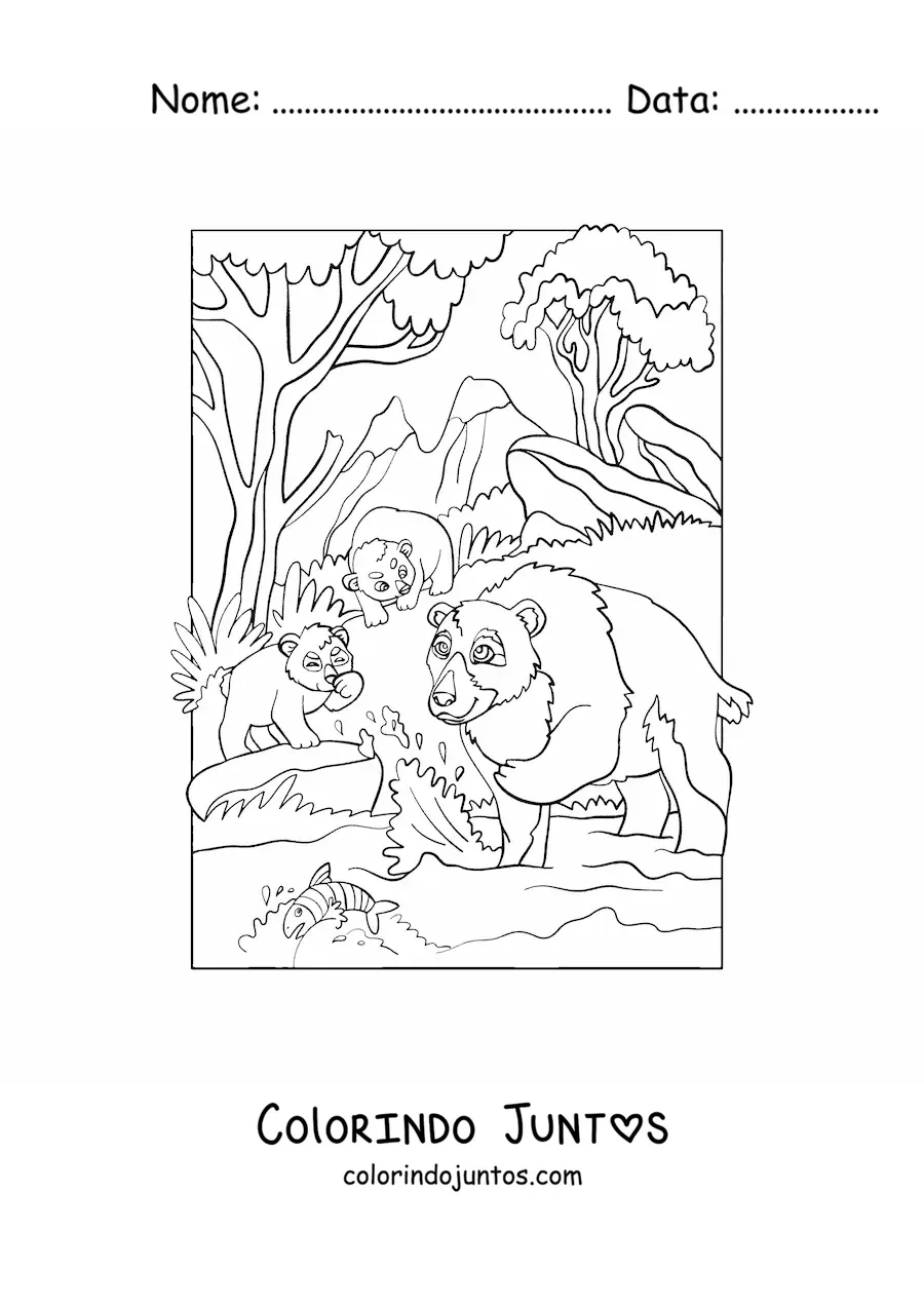 Desenho para colorir de uma família de ursos na floresta