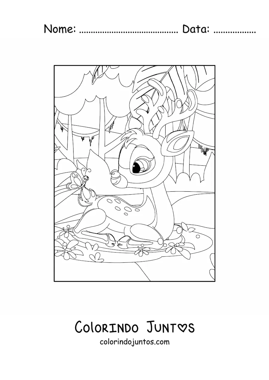 Desenho para colorir de um veadinho na floresta