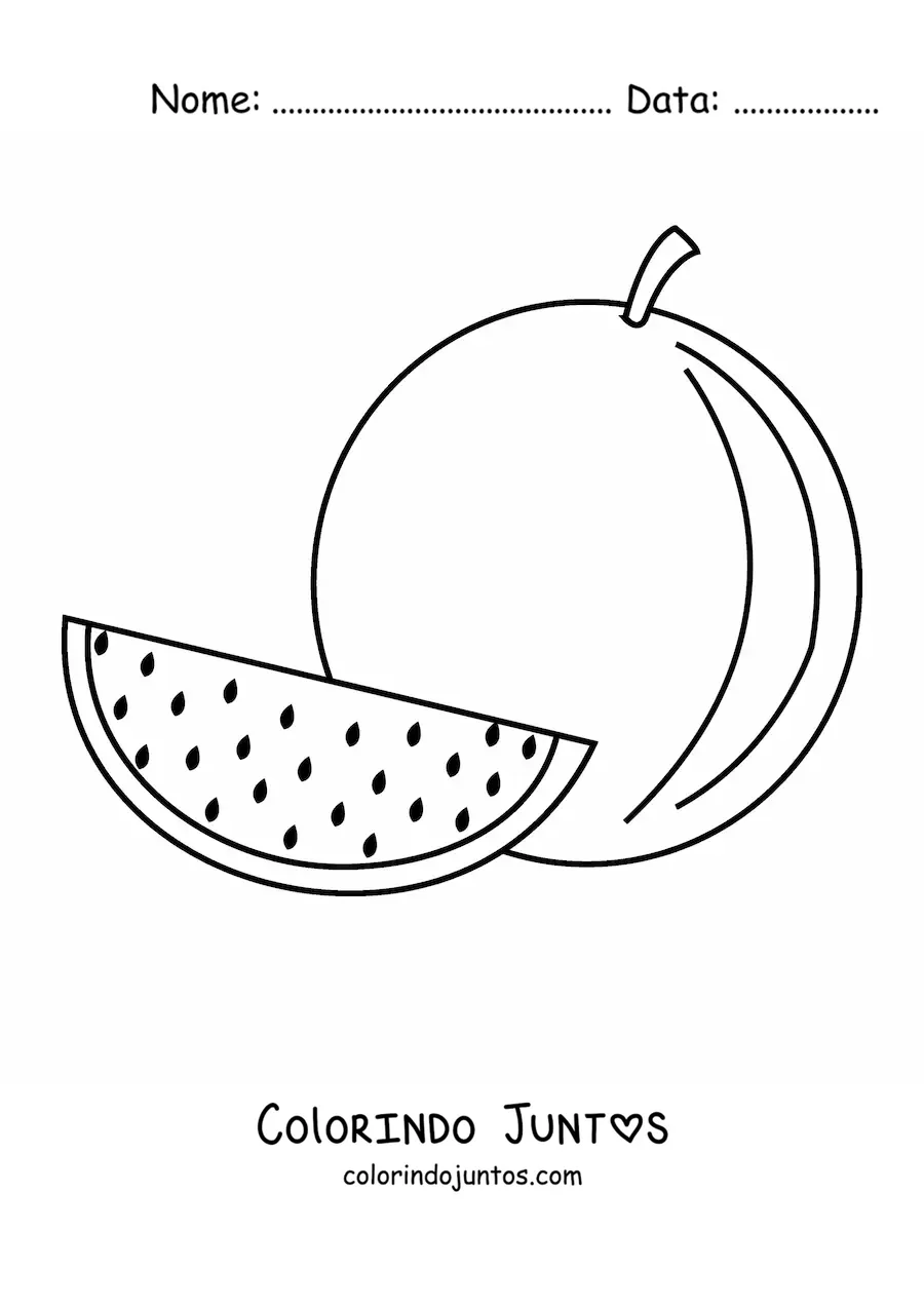 Desenho para colorir de um pedaco de melancia ao lado de uma melancia inteira