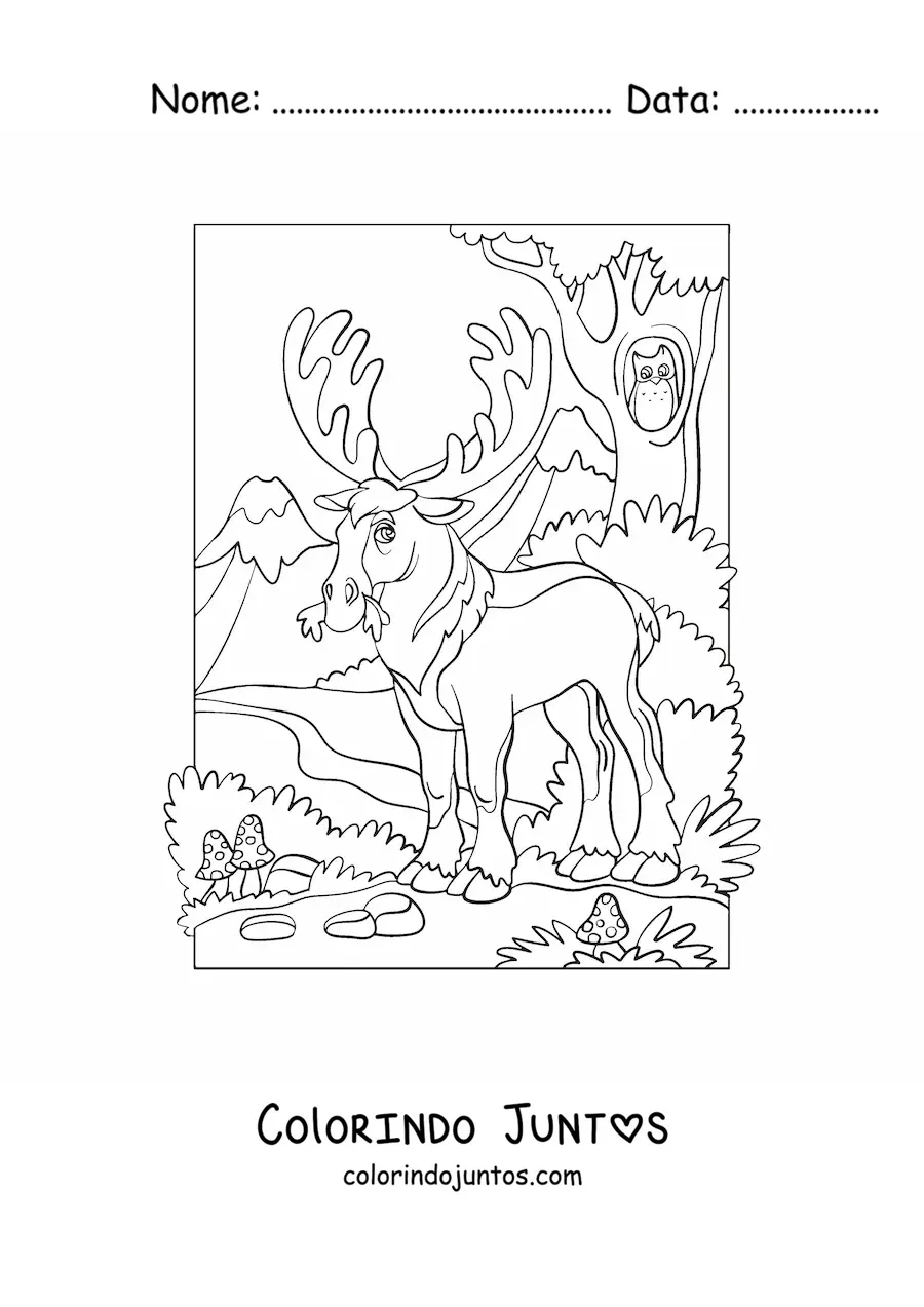 Desenho para colorir de um alce na floresta