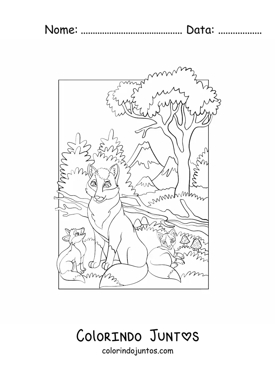 Desenho para colorir de uma ninhada de lobos na floresta