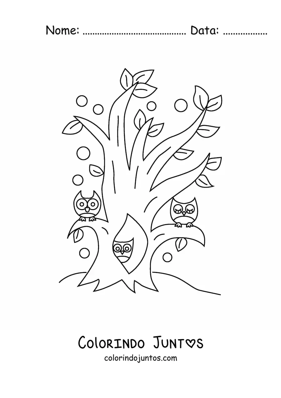 Desenho para colorir de várias corujas dentro de uma árvore na floresta