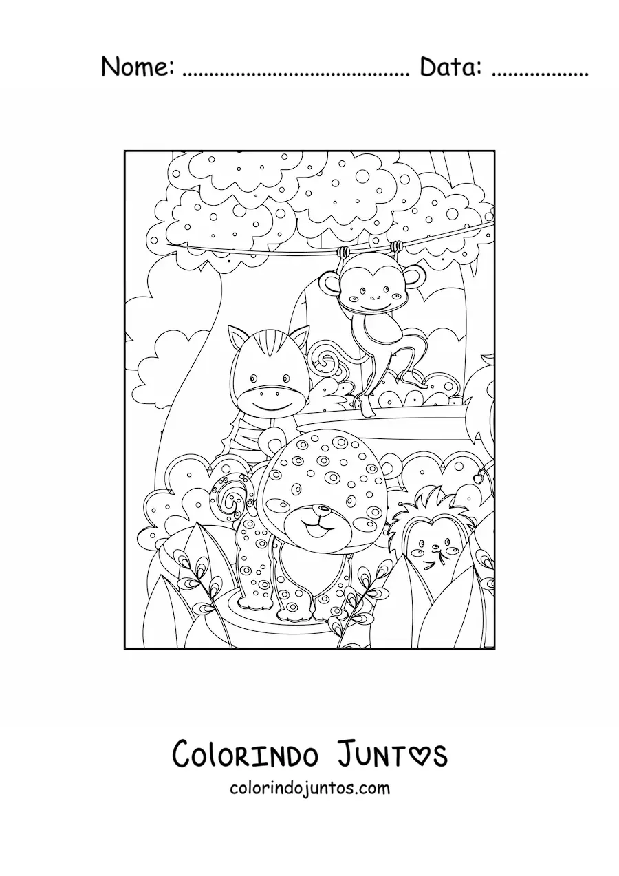 Desenho para colorir de vários animais da selva kawaii