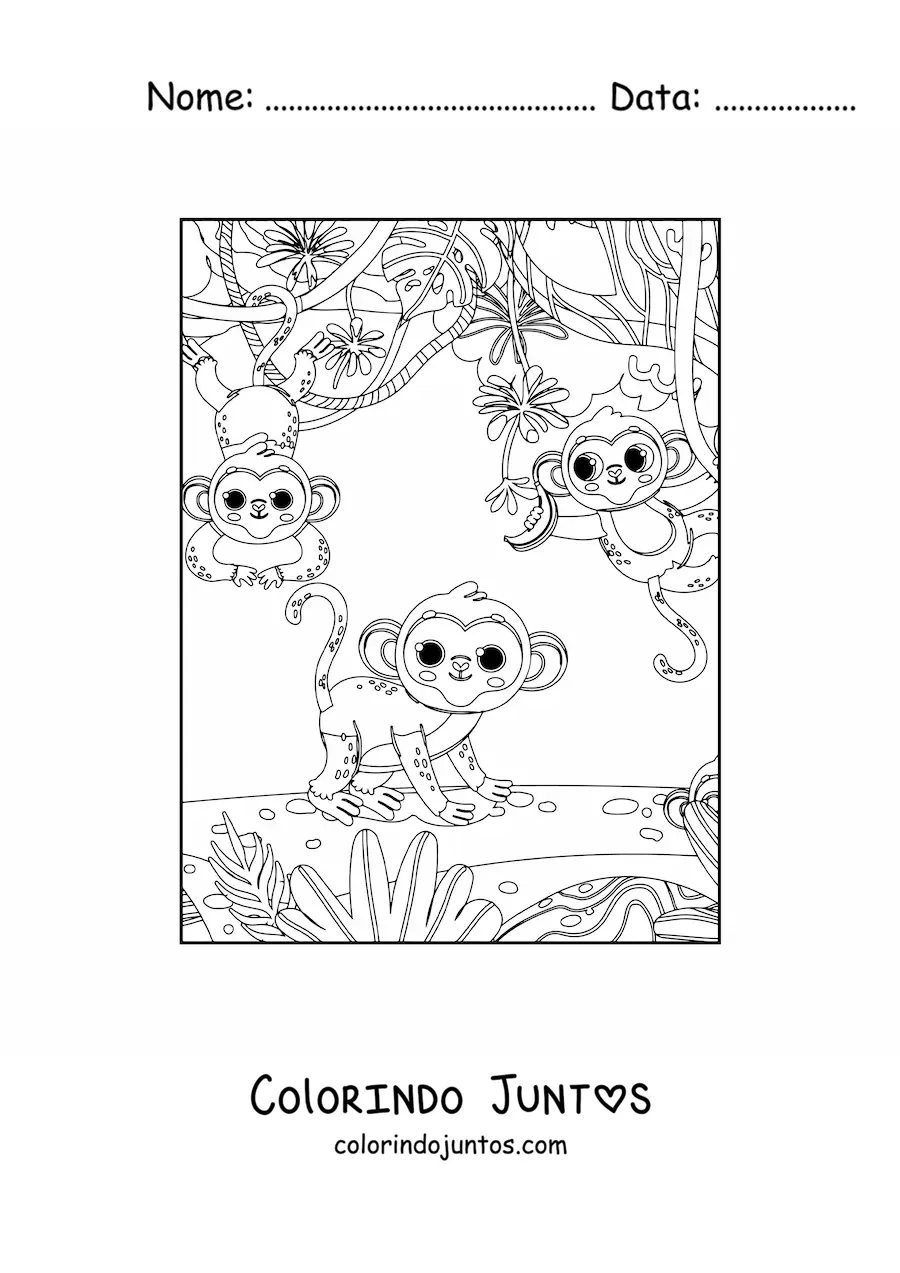 Desenho para colorir de três macacos kawaii na selva