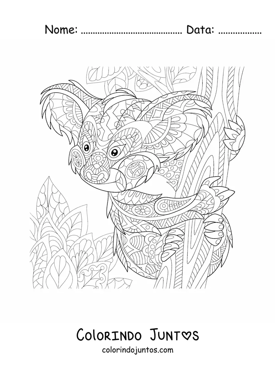 Desenho para colorir de um mandala com desenho de coala selvagem