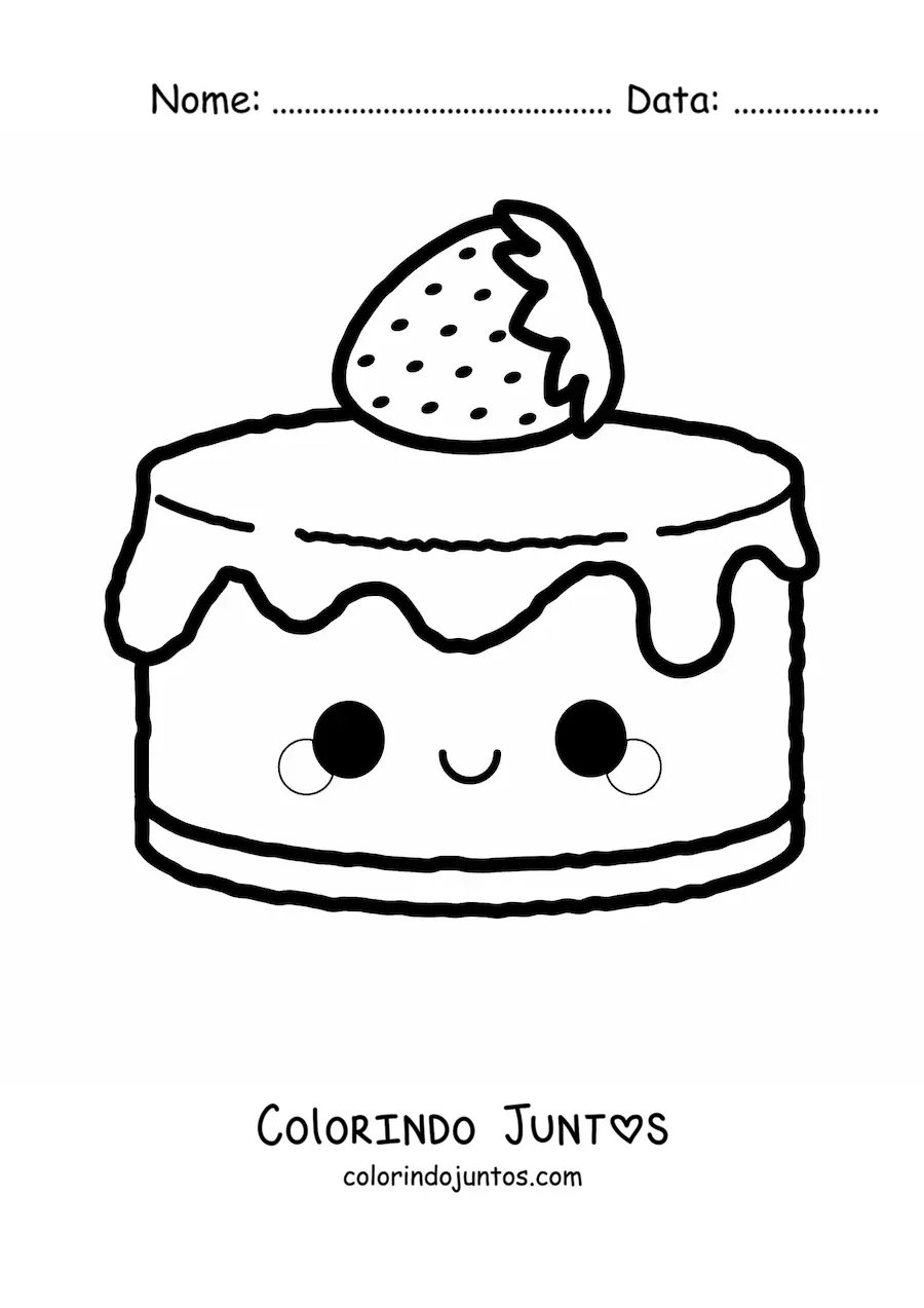 Desenho para colorir de um bolo de morango kawaii animado