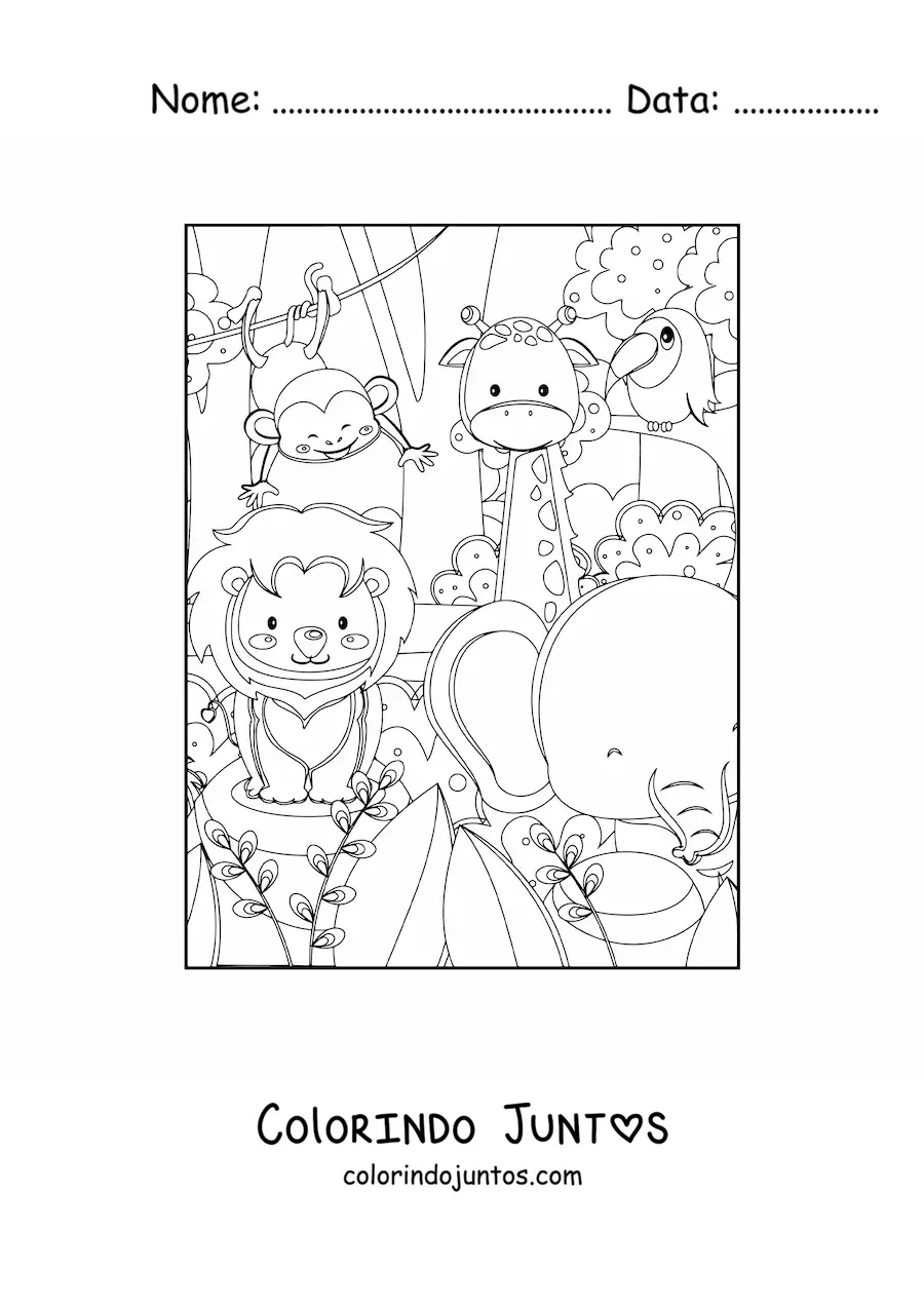 Desenho para colorir de vários animais da selva africana kawaii
