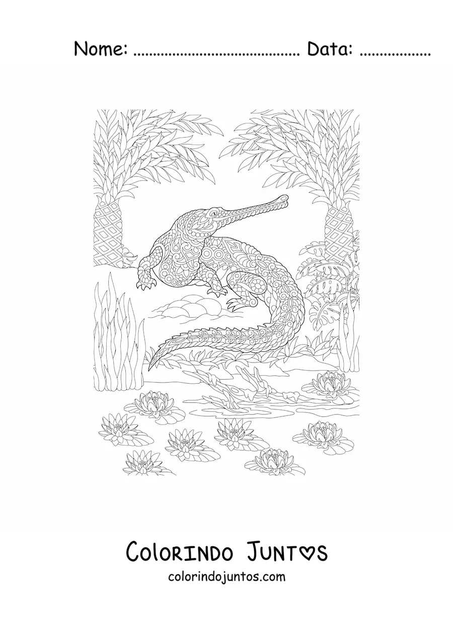 Desenho para colorir de um mandala com desenho de jacaré da selva tropical