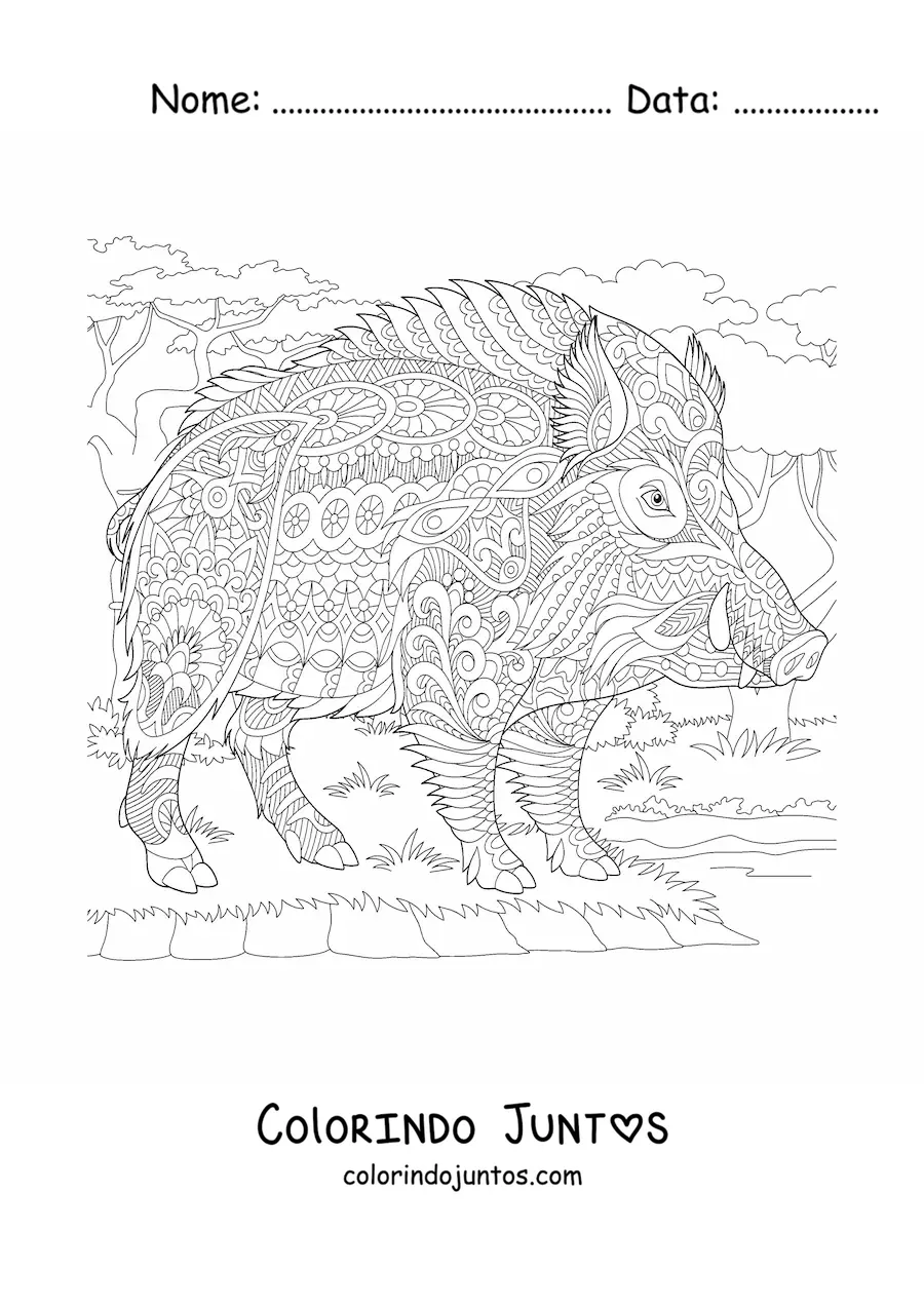 Desenho para colorir de um mandala com desenho de javali selvagem