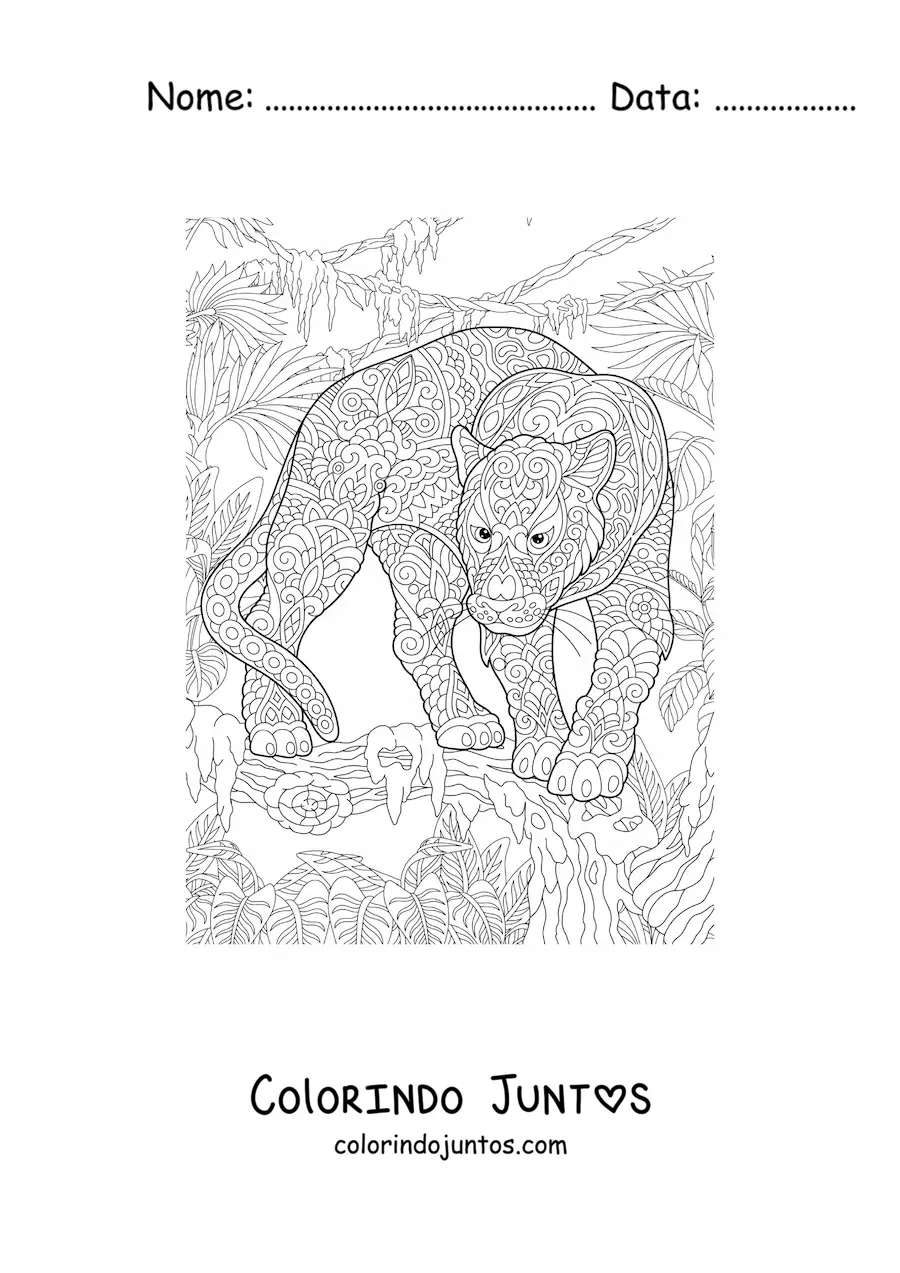 Desenho para colorir de um mandala com desenho de leopardo na selva