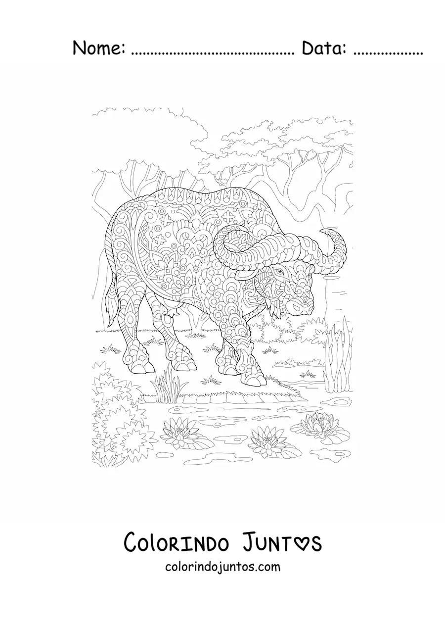Desenho para colorir de um mandala com desenho de búfalo selvagem