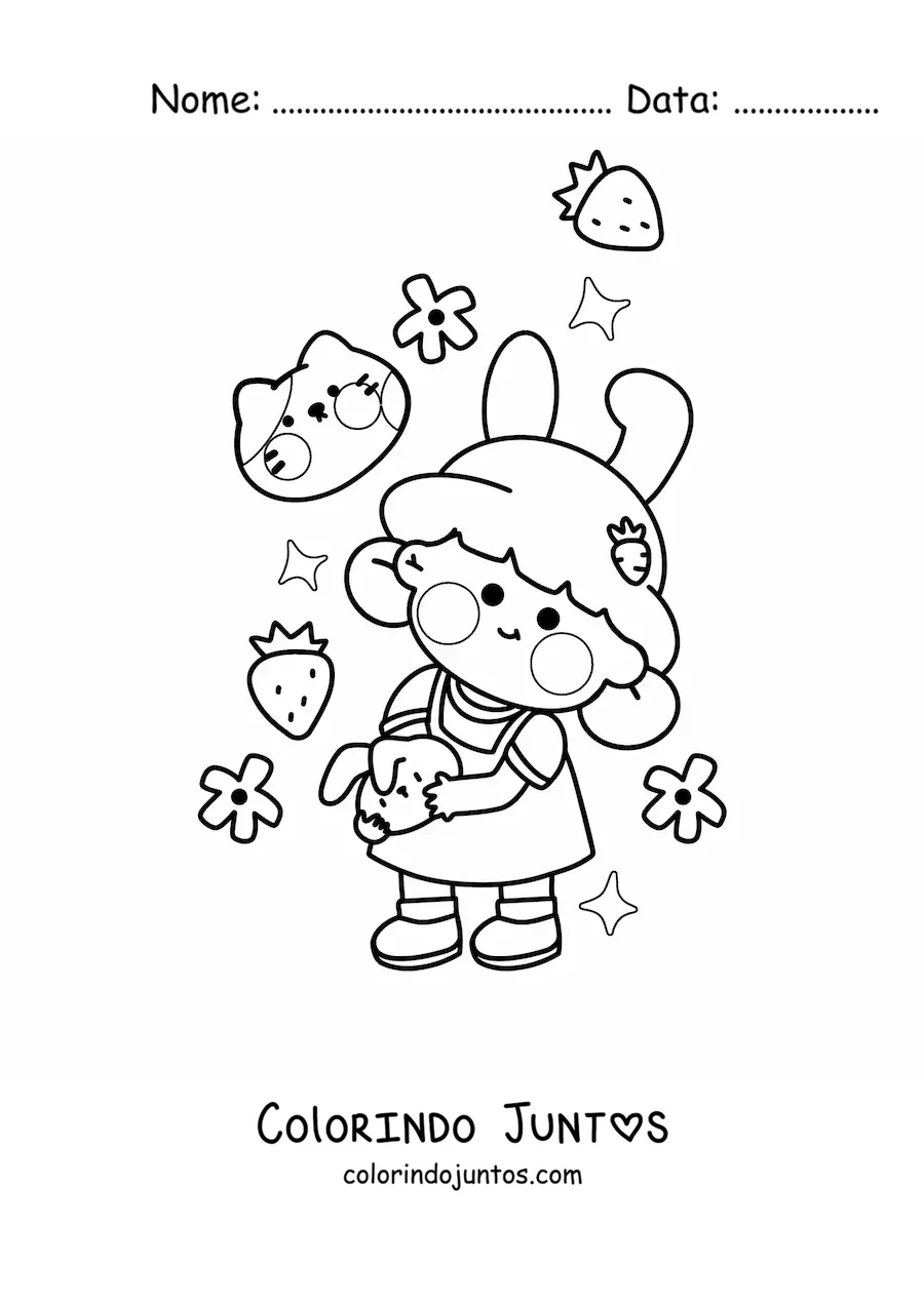 Desenho para colorir de uma menina cercada por morangos, estrelas, flores e um gatinho