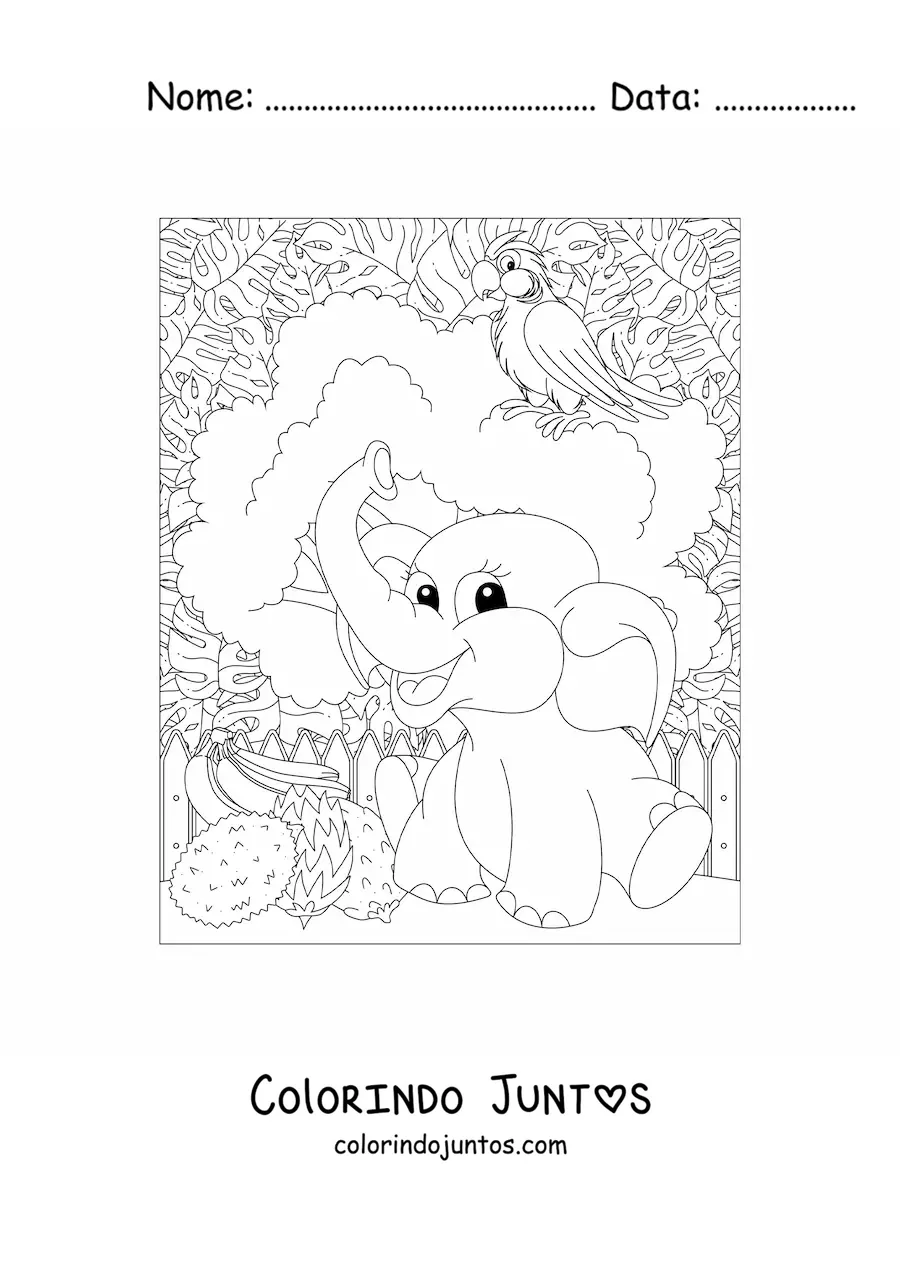 Desenho para colorir de um elefante kawaii na selva