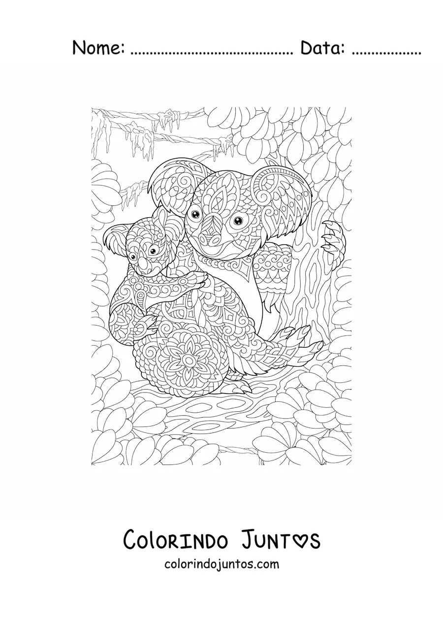 Desenho para colorir de um mandala com desenho de dois coalas na selva