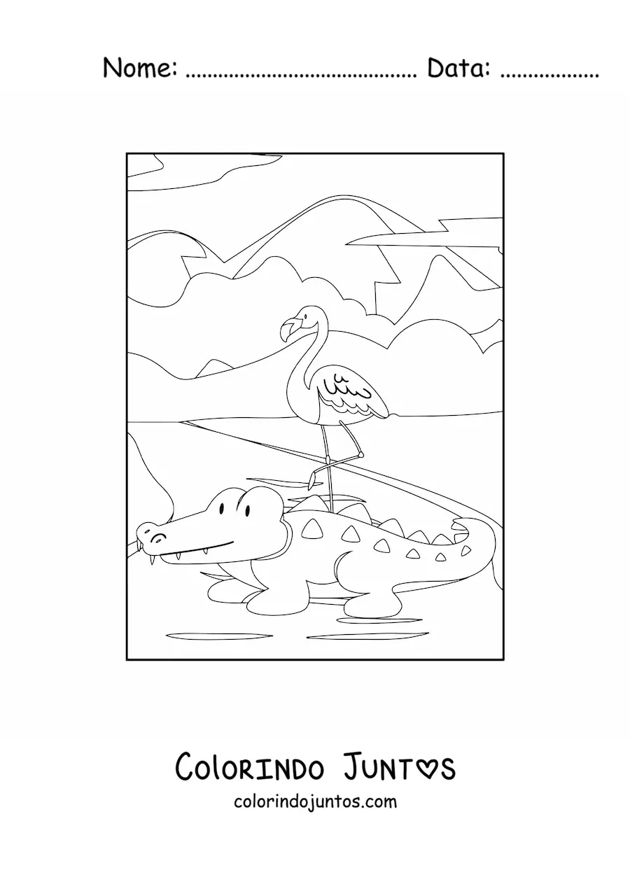 Desenho para colorir de um flamingo e um crocodilo selvagens ao lado de um lago