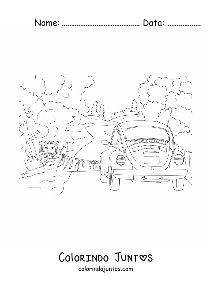 Desenho para colorir de um tigre selvagem ao lado de um carro em uma estrada no meio da selva