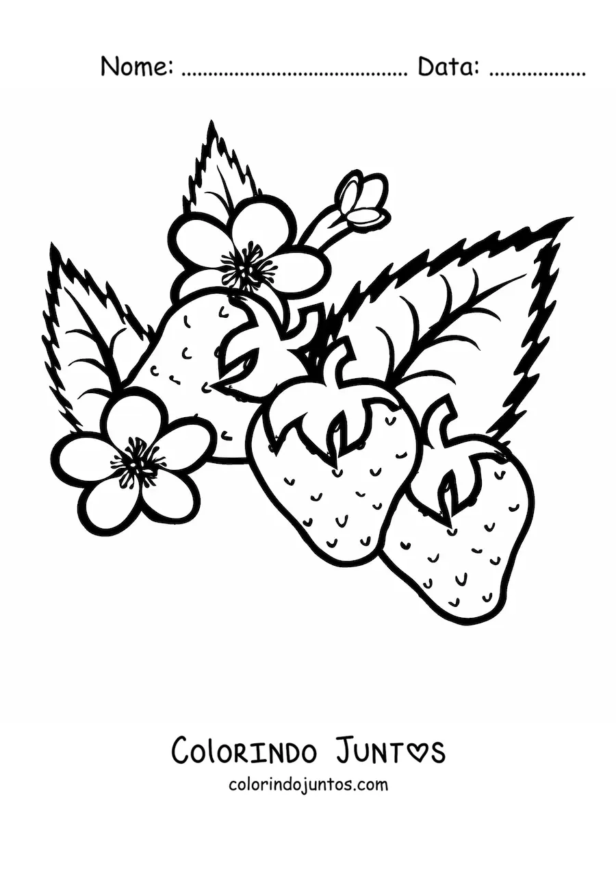 Desenho para colorir de tres morangos e suas flores