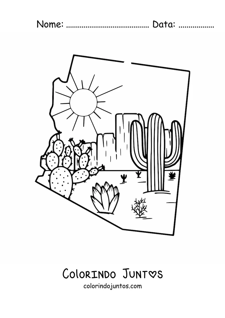 Desenho para colorir do mapa do Arizona com um desenho do deserto