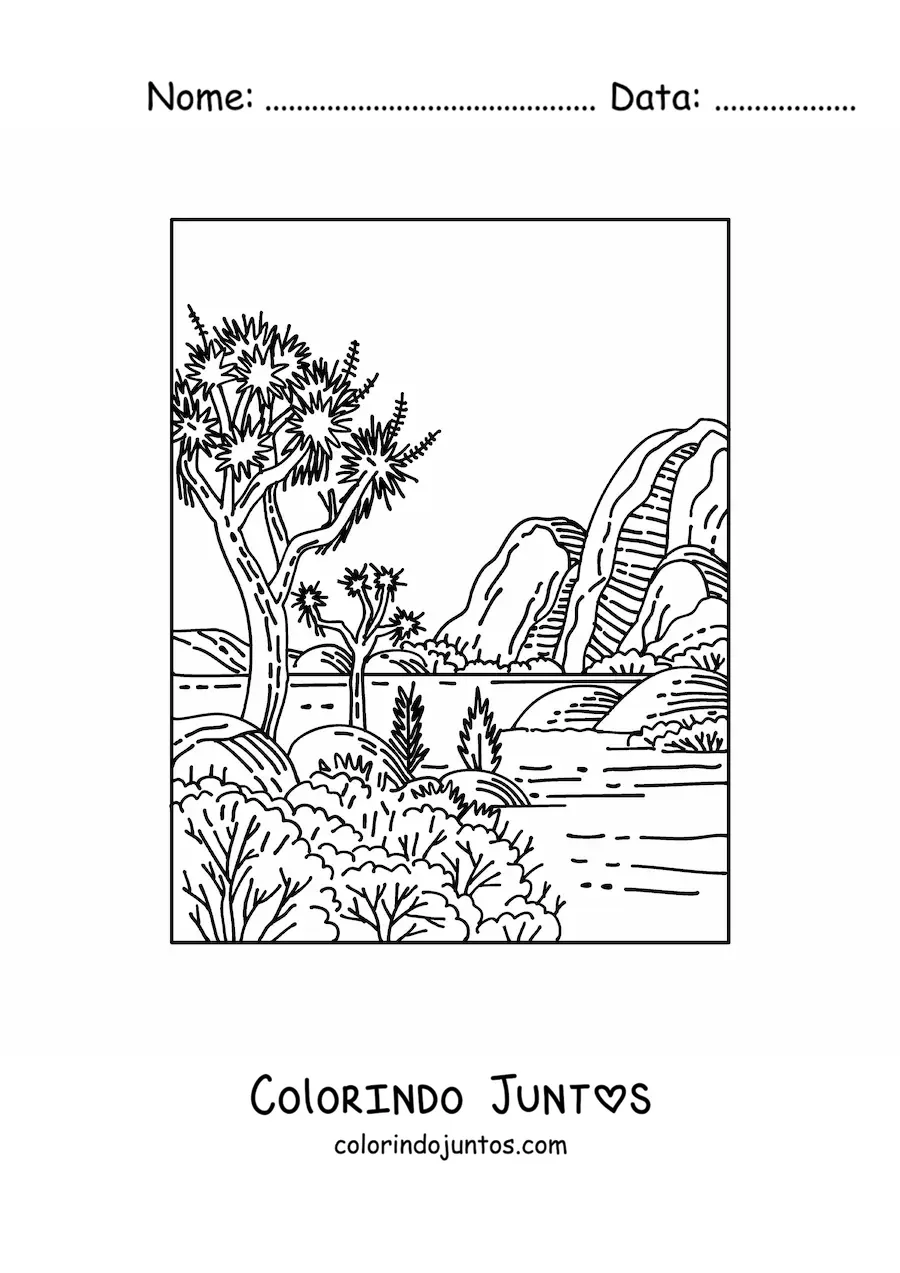 Desenho para colorir de uma paisagem com vegetação do deserto