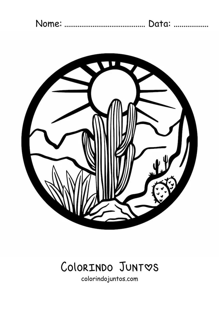 Desenho para colorir de uma paisagem com plantas do deserto