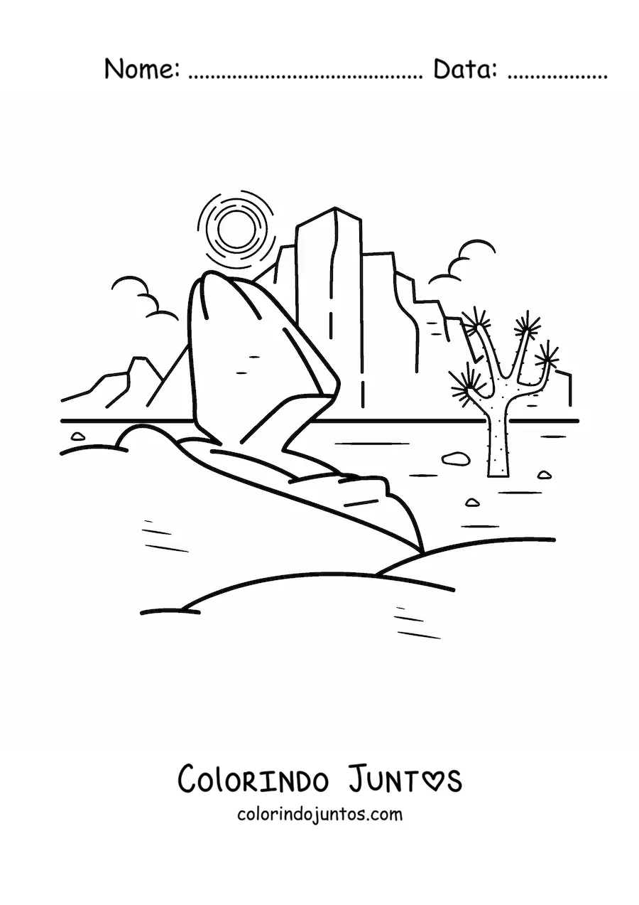 Desenho para colorir de uma paisagem de um deserto rochoso