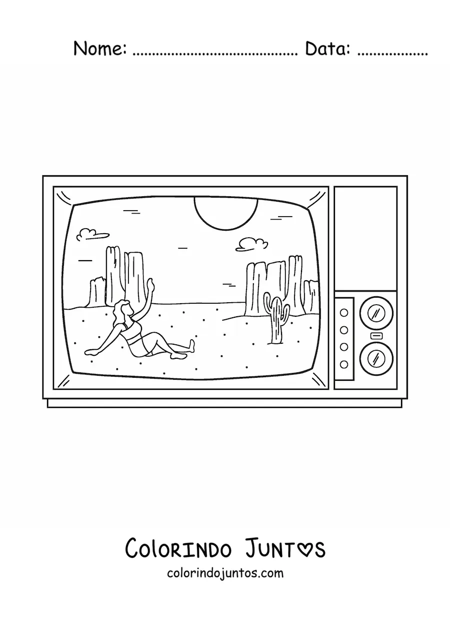 Desenho para colorir de um deserto na tela de uma televisão