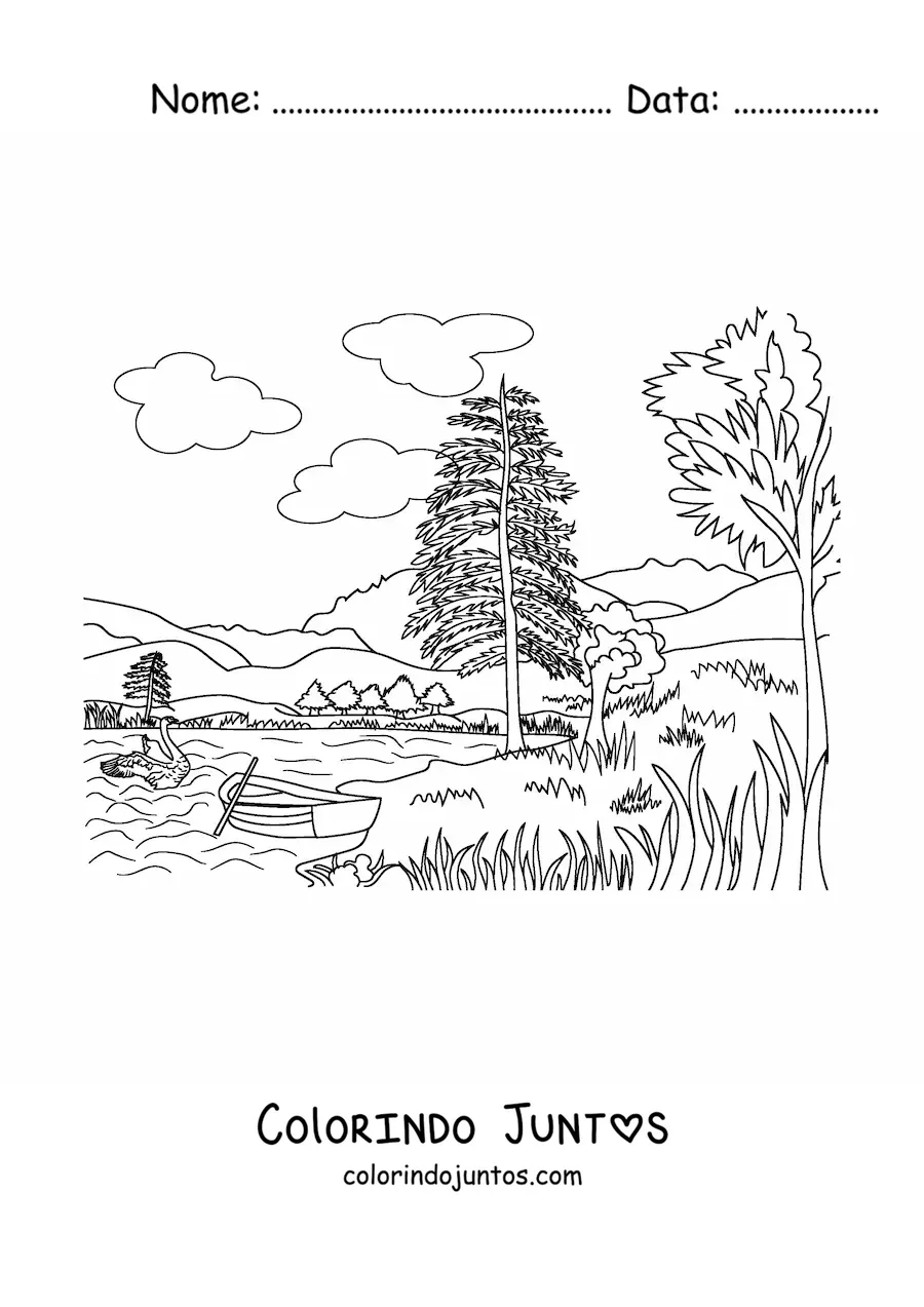 Desenho para colorir de uma paisagem com um lago