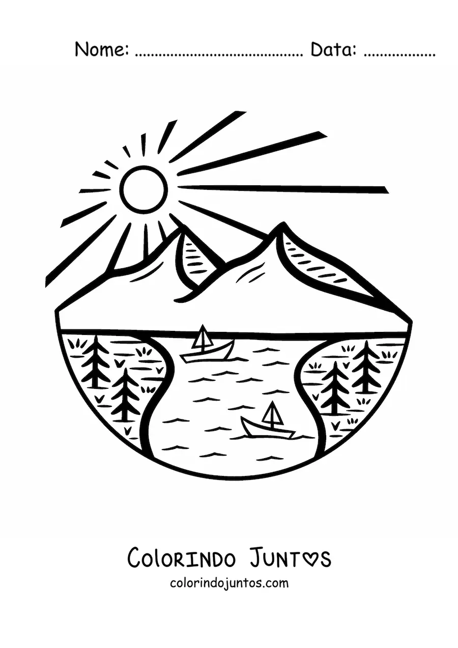 Desenho para colorir de um lago nas montanhas