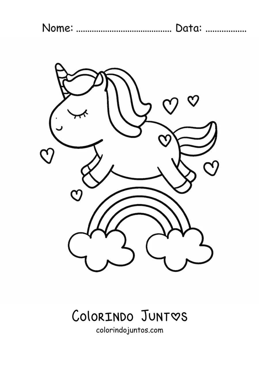 Desenho para colorir de um arco-íris com unicórnio kawaii e coraçõezinhos