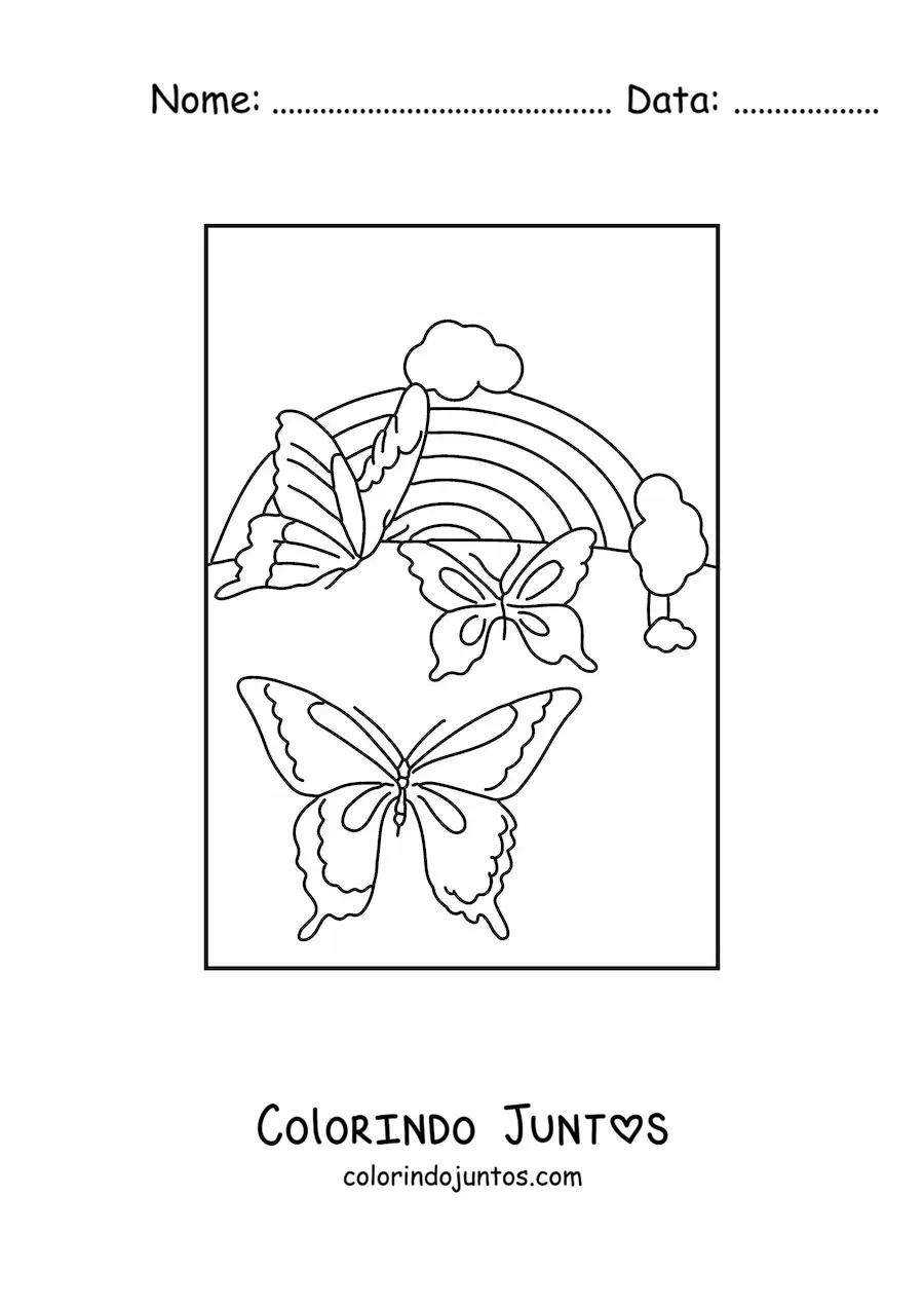 Desenho para colorir de um arco-íris com 3 borboletas grandes e nuvens