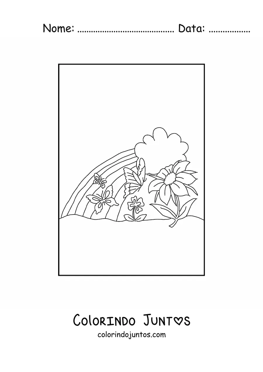 Desenho para colorir de um arco-íris com 2 flores, 3 borboletas pequenas e uma nuvem