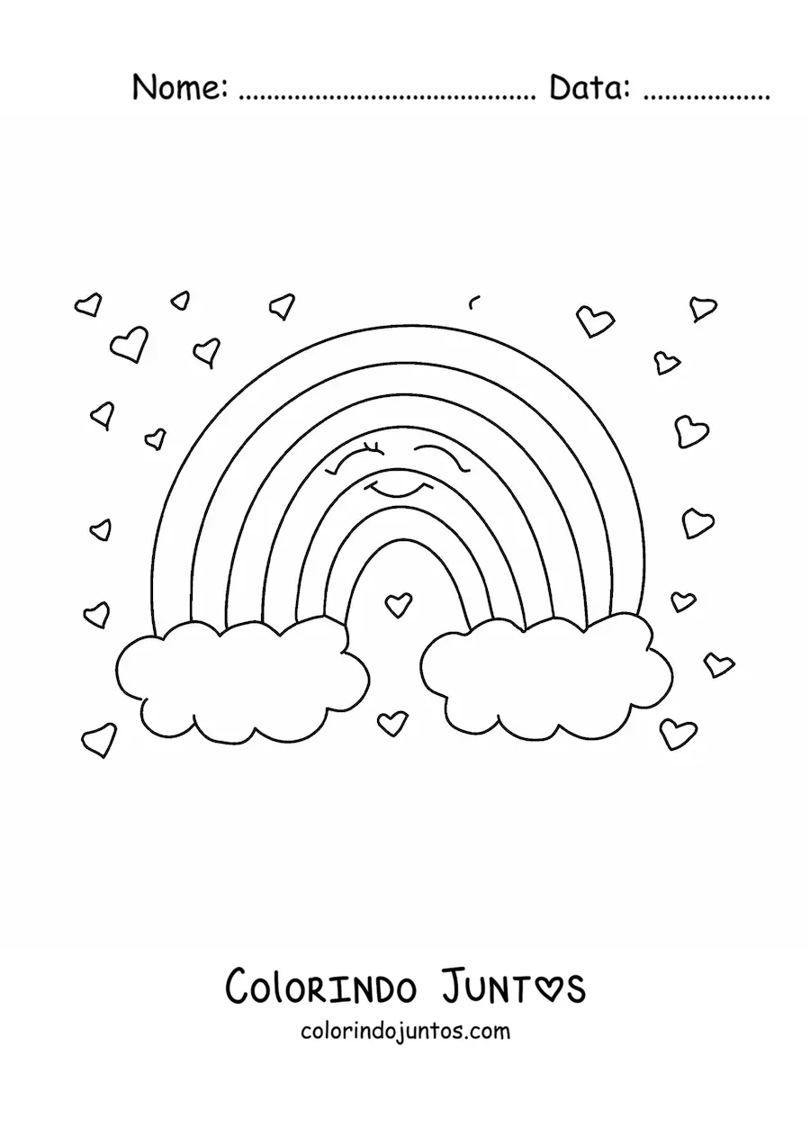 Desenho para colorir de um arco-íris sorridente em desenho animado com nuvens, rodeado de corações
