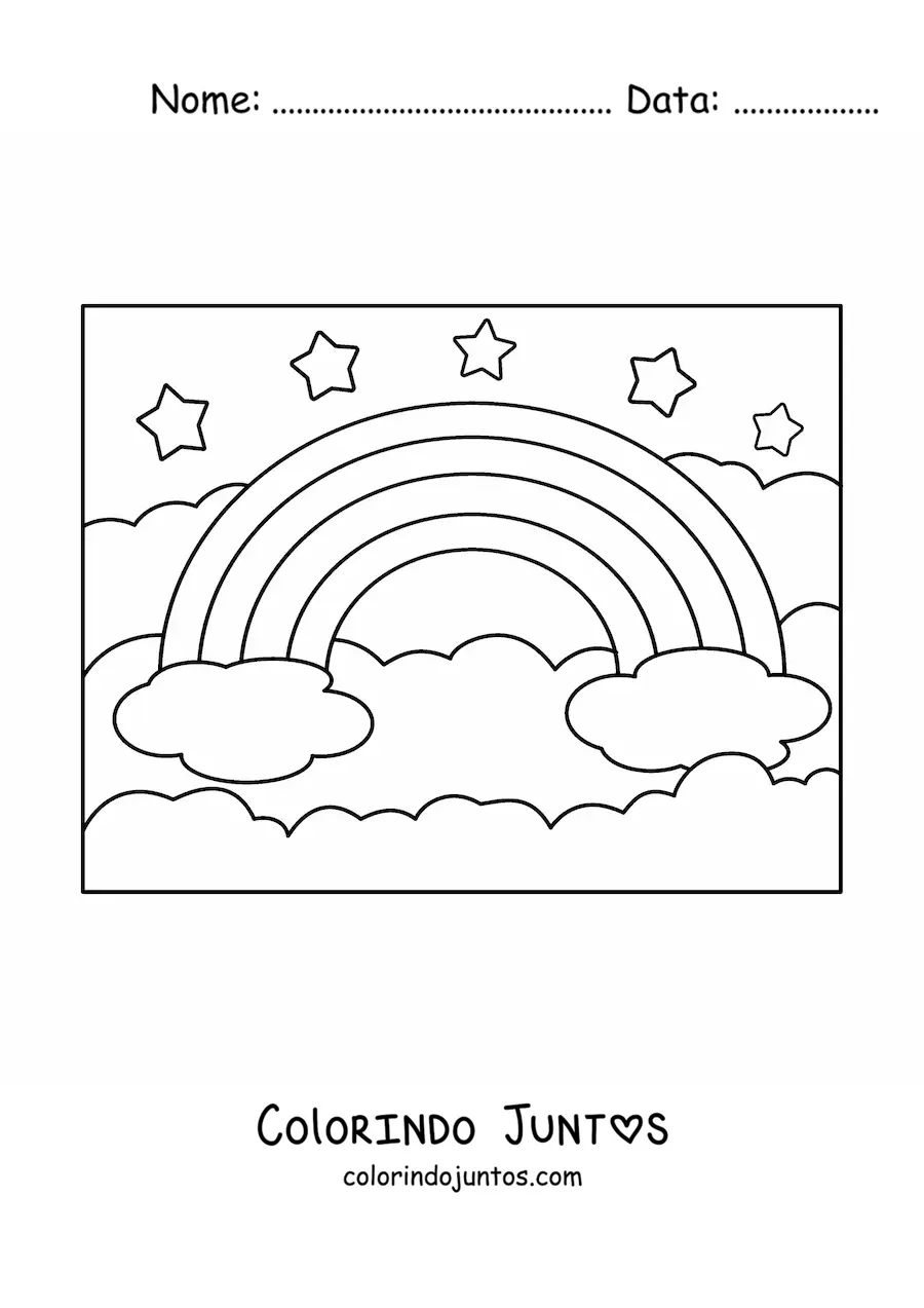 Desenho para colorir de um arco-íris grande com nuvens e estrelas