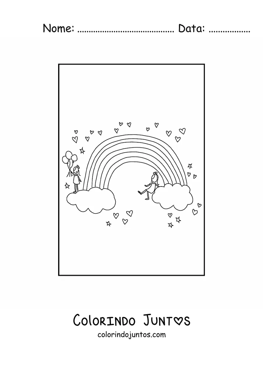 Desenho para colorir de 2 meninas sobre nuvens nas pontas de um arco-íris rodeado de corações