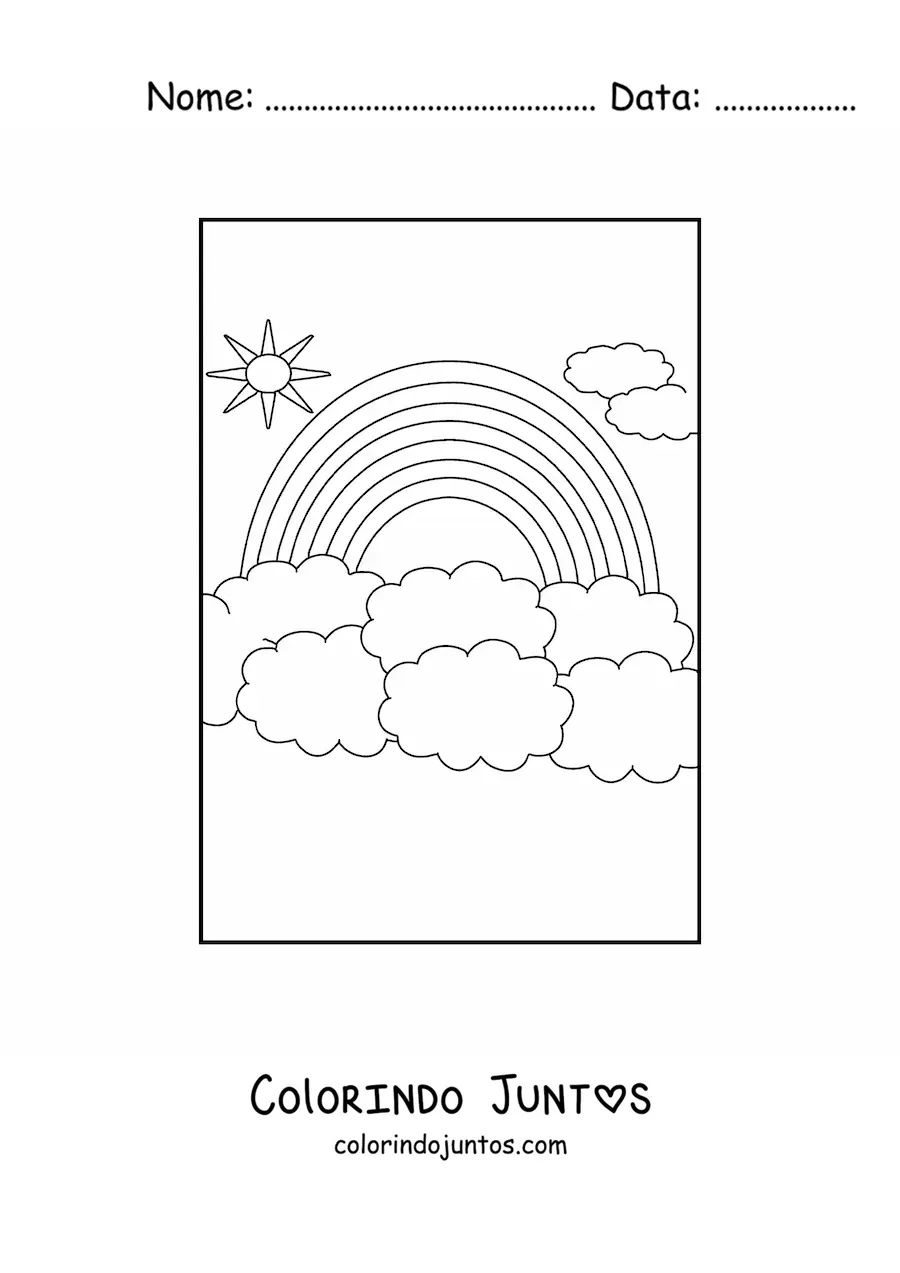 Desenho para colorir de um arco-íris grande rodeado de nuvens e o Sol