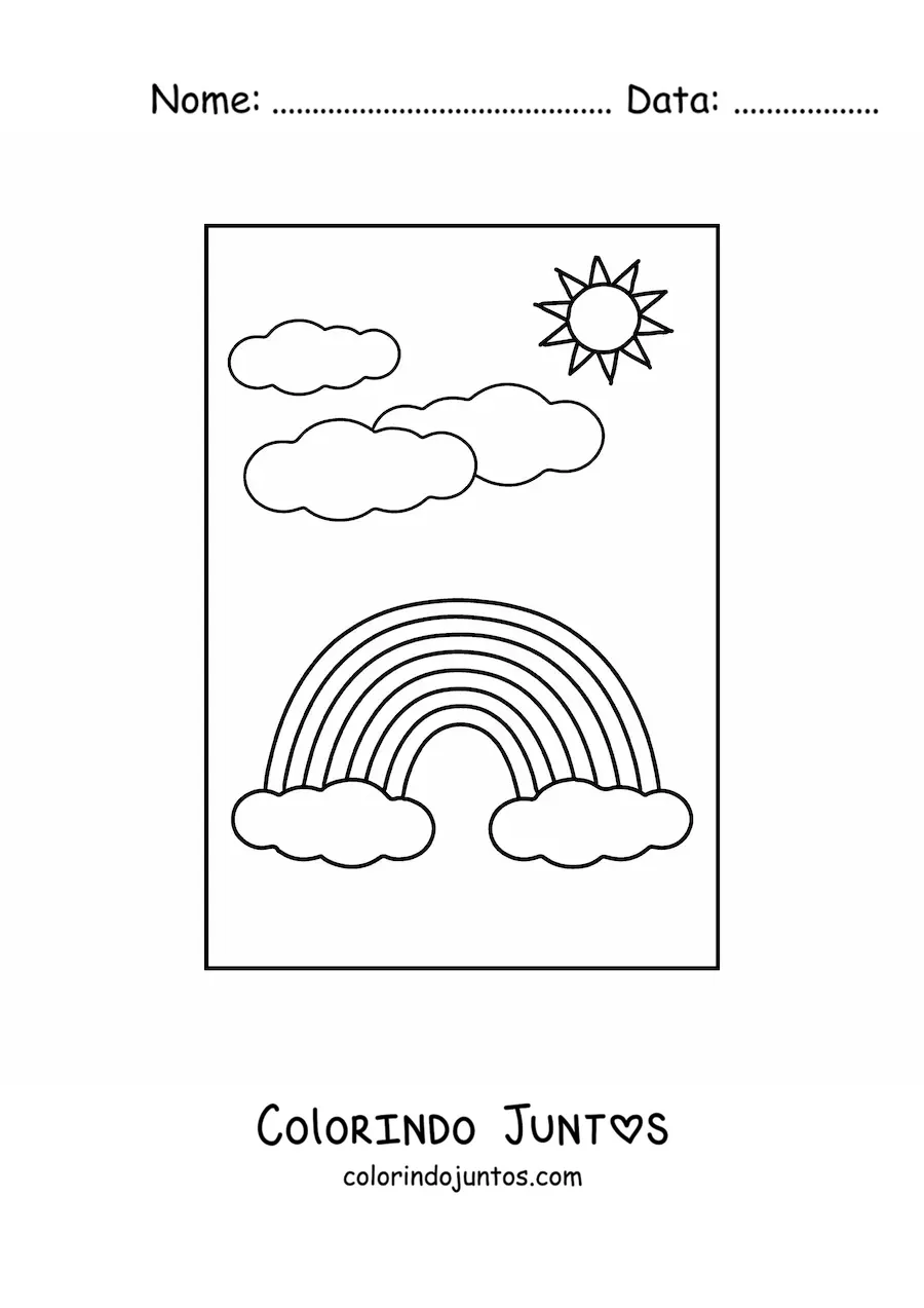 Desenho para colorir de um arco-íris bonito com fundo de nuvens e Sol