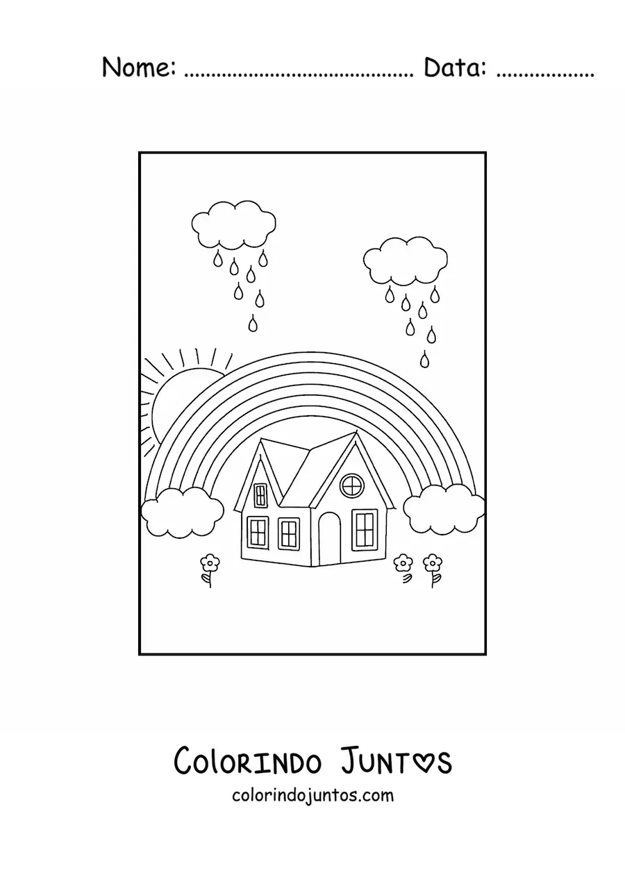 Desenho para colorir de um arco-íris sobre uma casa, com 2 nuvens chovendo e um Sol