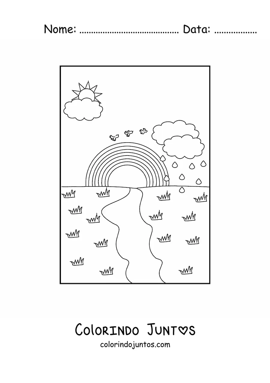 Desenho para colorir de paisagem com um arco-íris, chuva e Sol