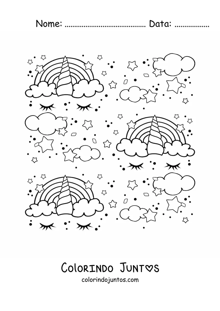 Desenho para colorir de um padrão de arco-íris em forma de unicórnio, nuvens e estrelas